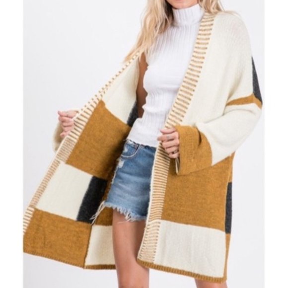 Boho Mustard Color block NEW Open Front Cardigan - Picture 2 of 8